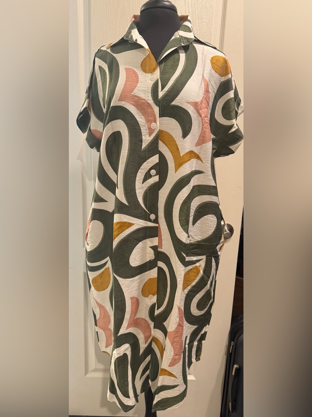 Abstract Swirl Button-Front Dress in Olive, Mustard & Blush 2 side pockets